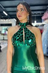 Cheap High Neck Green Mirror-Cut Prom Dress Sequins Mermaid