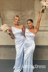 Cheap Light Blue Bridesmaid Dress Draped One Shoulder with Slit