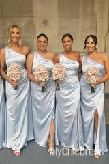 Cheap Light Blue Bridesmaid Dress Draped One Shoulder with Slit