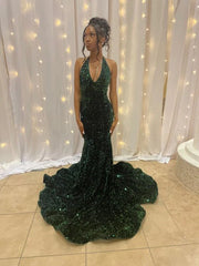 Cheap Long Halter Emerald Green Prom Dresses Sequin Party Formal Dress