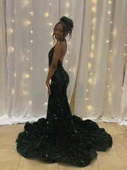 Cheap Long Halter Emerald Green Prom Dresses Sequin Party Formal Dress