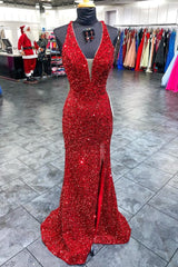 Cheap Red Halter Sequins Prom Dresses Long Formal Gowns with Tassel