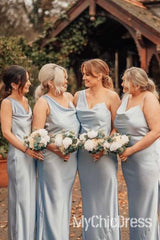 Cheap Satin Long Sky Blue Boho Bridesmaid Dress Cowl Neck