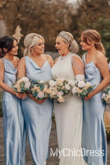 Cheap Satin Long Sky Blue Boho Bridesmaid Dress Cowl Neck