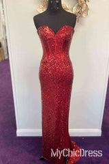 Cheap Sequins Long Red Formal Dress with Split