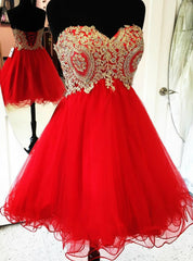 Cheap Red Homecoming Dresses Gold Applique Party Sweet 16 Dress