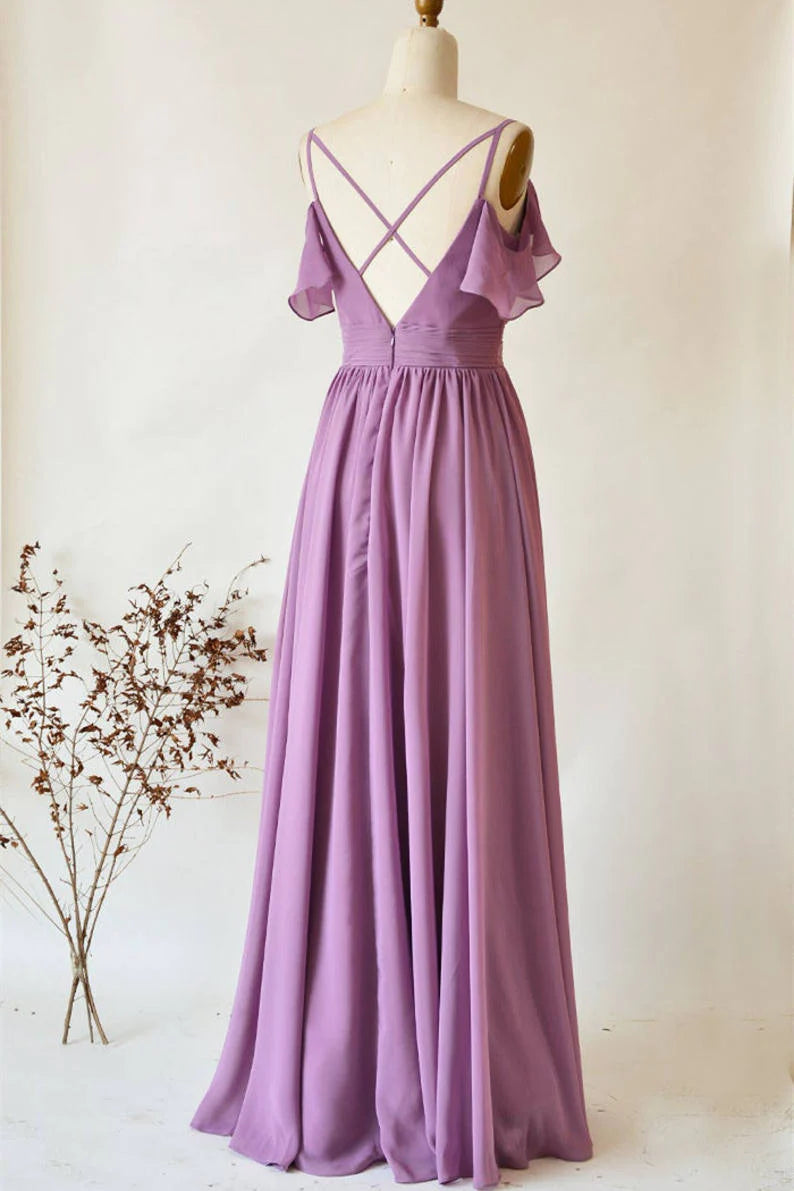 Chiffon Dusty Purple Wedding Guest Dress Straps Long Bridesmaid Dress MyChicDress