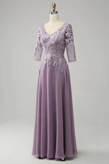 Chiffon Long Lavender Mother of the Bride Dress V Neck Appliques MyChicDress