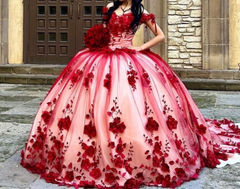 Custom Made 3D Flower Red Lace Quinceanera Dresses Off the MyChicDress