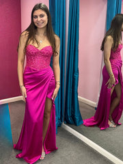 Custom Made Mermaid 2025 Prom Dress Fuchsia Lace Satin Ruched