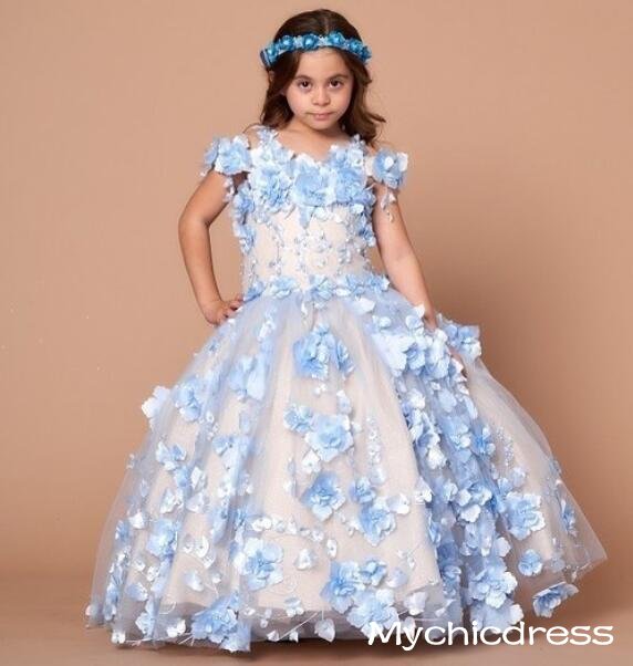 Cute Blue Floral Flower Girl Dresses Pageant Dress Mini Quinceanera Dresses MyChicDress