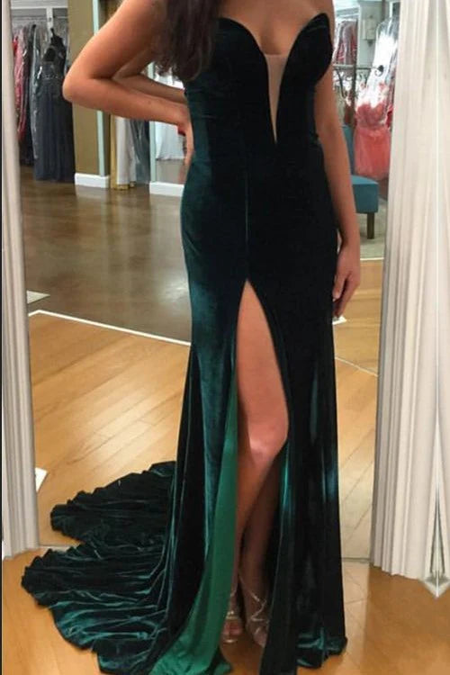 Dark GreenV elvet Long Formal Prom Dress Mermaid Plunging V Neckline