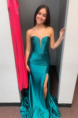 Elegant Green Satin Formal Guest Dress Strapless Prom Dress Mermaid