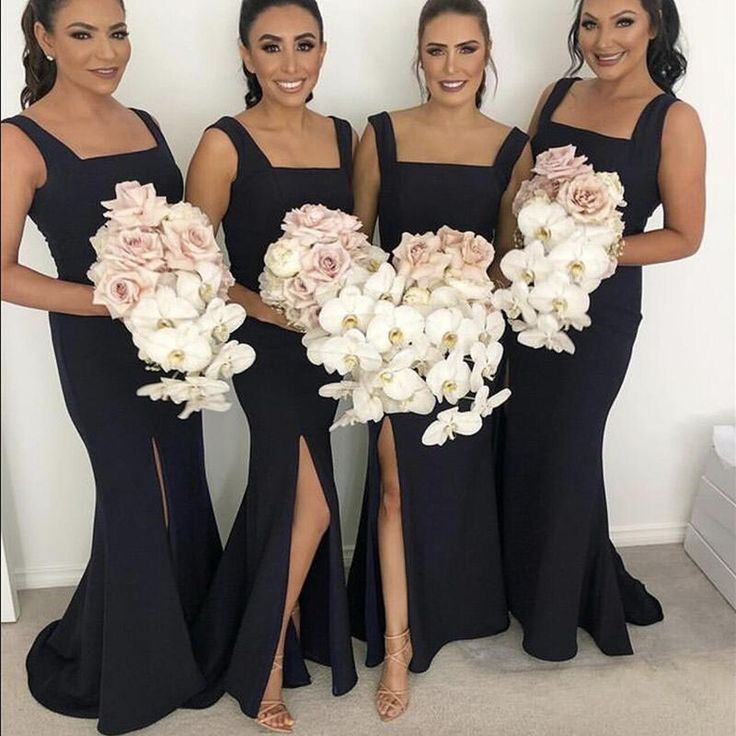 Floor Length Black Bridesmaid Dresses Square Mermaid Long Wedding Party Dress MyChicDress