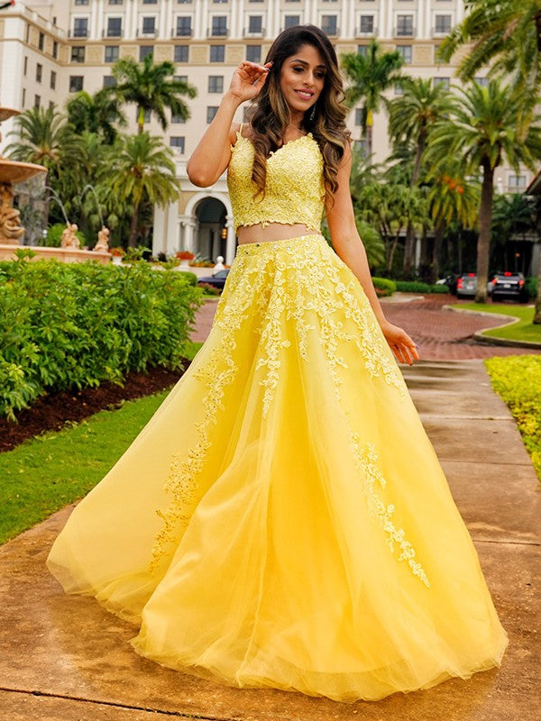 Floor-Length Two Piece Yellow Lace Prom Dresses A-Line Tulle V-neck Sleeveless MyChicDress