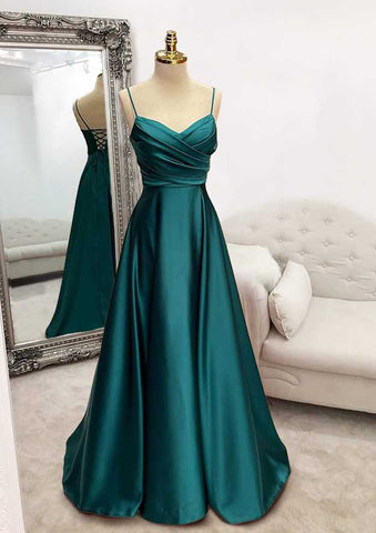 Floor-Length Satin Green Prom Dress A-line With Pleated – MyChicDress