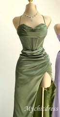Floor Length Green Mermaid Formal Wedding Guest Dress With Slit