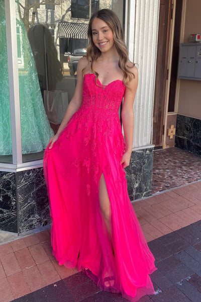 Cheap 2024 Hot Pink Lace Prom Dresses Strapless Sleeveless Formal Dress  with Split