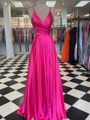 Fuchsia Long Prom Dresses V Neck Sleeveless Evening Gown UK Spaghetti Straps MyChicDress