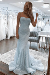 Spaghetti Straps Glitter Blue Prom Formal Dress Mermaid Long