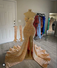 Sexy Gold Sequins Prom Dress Mermaid Long Black Girl Evening Formal Dresses