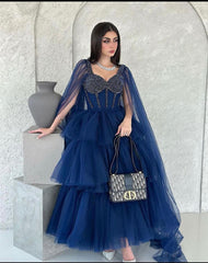 Gorgeous Tiered Ruffle Blue Prom Dresses Long Beaded Tulle Formal Wear MyChicDress