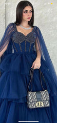 Gorgeous Tiered Ruffle Blue Prom Dresses Long Beaded Tulle Formal Wear MyChicDress