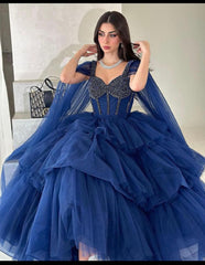 Gorgeous Tiered Ruffle Blue Prom Dresses Long Beaded Tulle Formal Wear MyChicDress