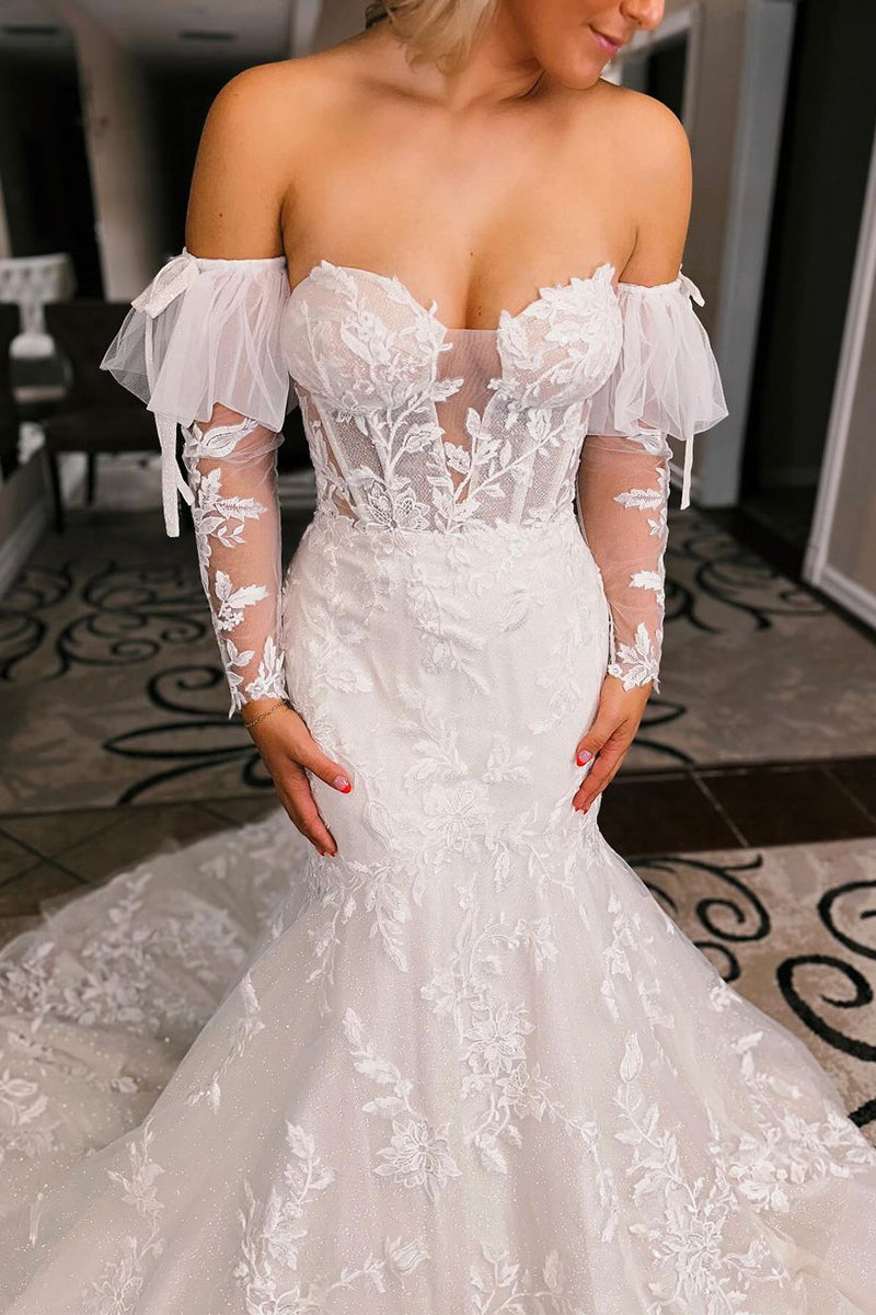 Gorgeous White Tulle Lace Wedding Dresses Mermaid Sweetheart Sleeves MyChicDress