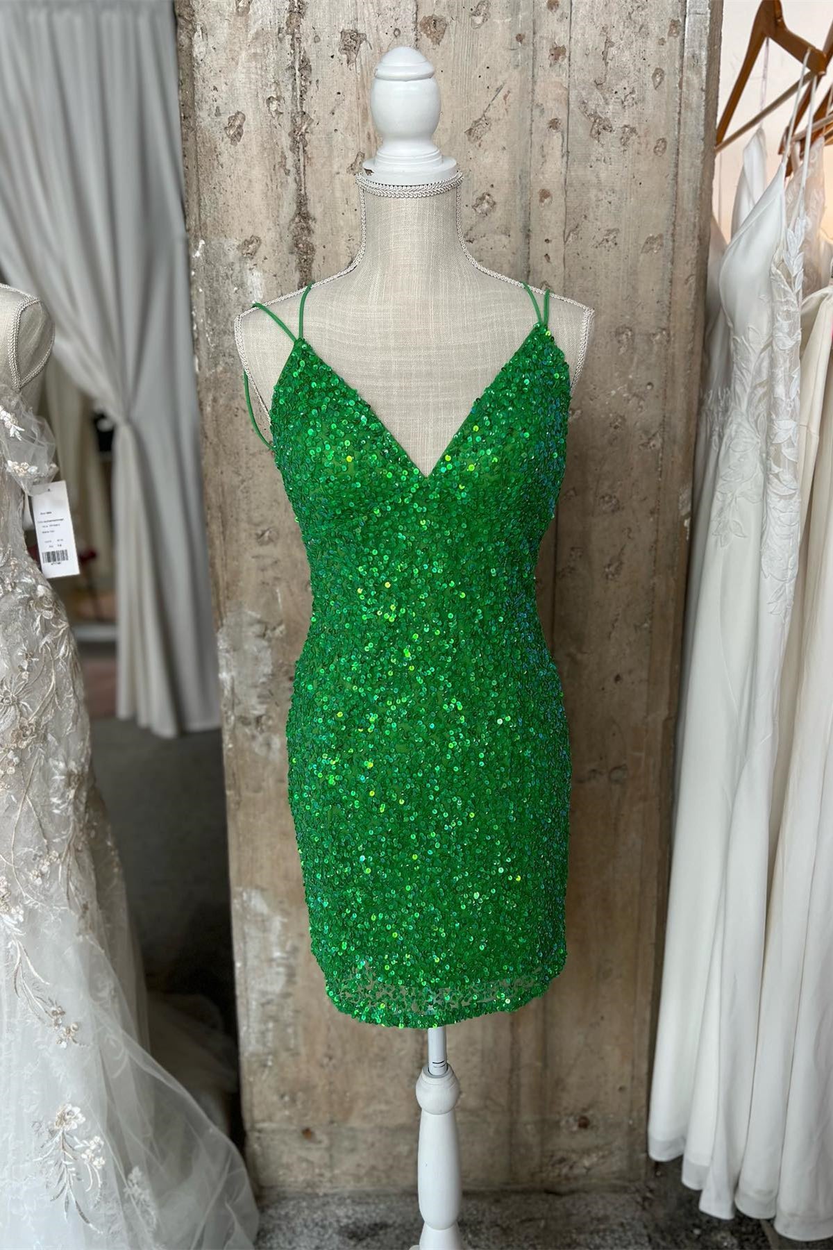 Green Sequin Homecoming Dresses V Neck Straps Bodycon Mini Hoco Dress MyChicDress