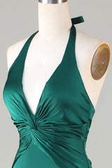 Halter Emerald Green Wedding Guest Dresses Ruched Mermaid Formal Dress