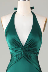 Halter Emerald Green Wedding Guest Dresses Ruched Mermaid Formal Dress