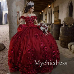 Burgundy Quince Dress Flowers Ball Gown Sweetheart Off the Shoulder