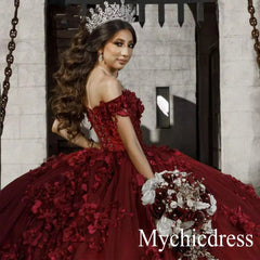 Burgundy Quince Dress Flowers Ball Gown Sweetheart Off the Shoulder - MyChicDress