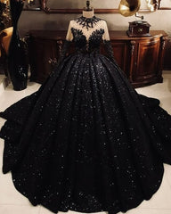 High Neck Ball Gown Black Sequin Wedding Dresses Long Sleeves Sweet 16 Dress MyChicDress