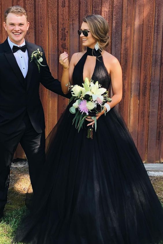 High Neck Gothic Wedding Dress Tulle Ball Gown Black Long Prom Dresses MyChicDress