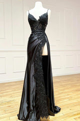 Hot 2024 Black Long Prom Dress Lace V Neck Formal Dresses A Line High split MyChicDress