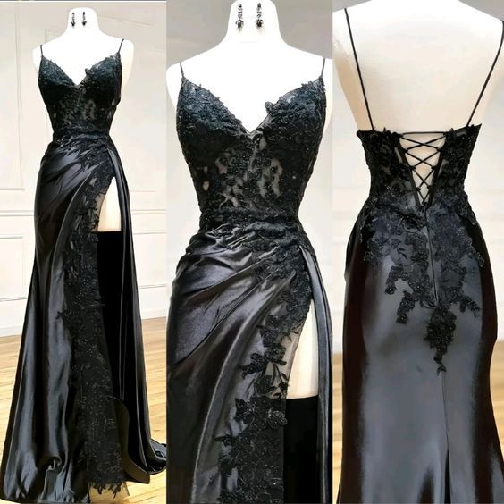 Hot 2024 Black Long Prom Dress Lace V Neck Formal Dresses A Line High split MyChicDress