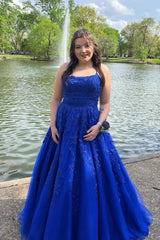 Hot 2024 Royal Blue Lace Applique Prom Dresses A Line Long UK Evening Gown MyChicDress