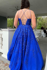 Hot 2024 Royal Blue Lace Applique Prom Dresses A Line Long UK Evening Gown MyChicDress