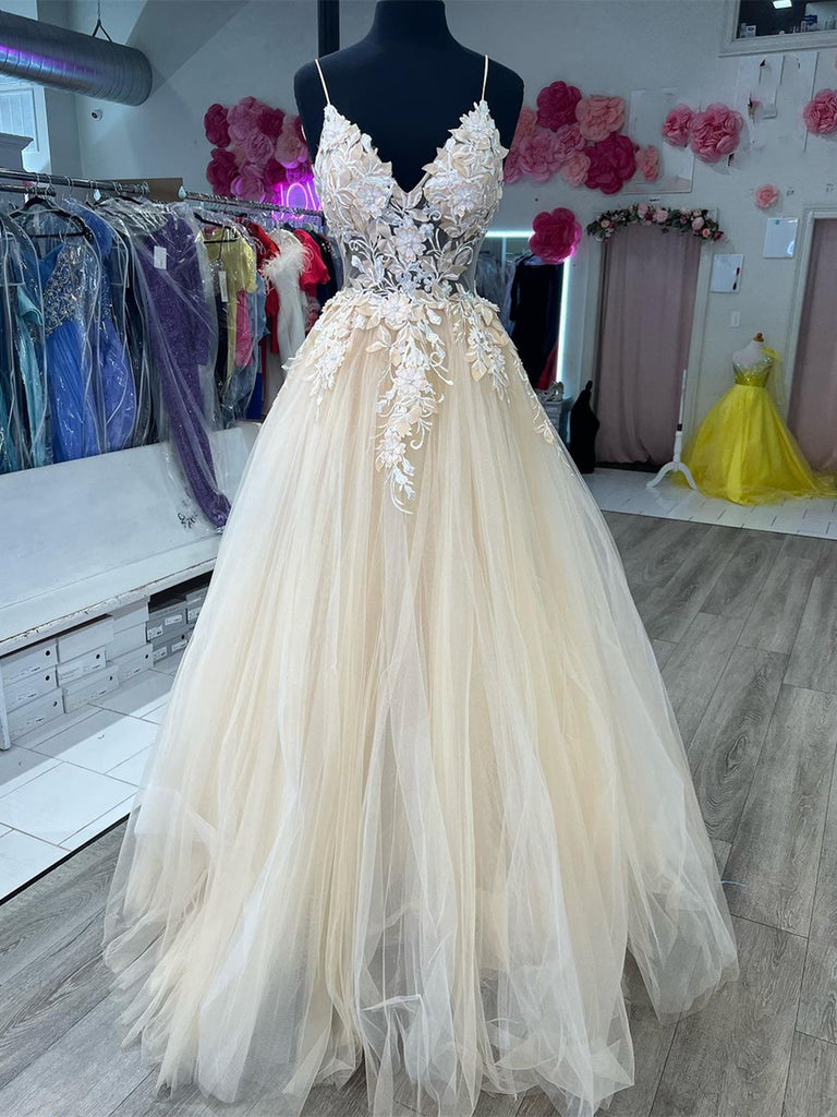 Hot A Line Tulle Lace V Neck Champagne Formal Prom Dresses Online MyChicDress