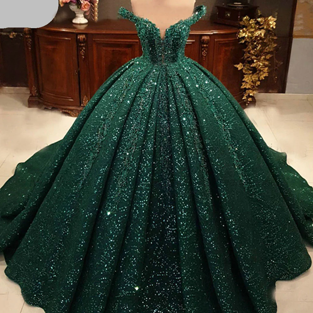 Hot Appliques Ball Gown 2025 Dark Green Wedding Dress Sequin Quinceanera Dress MyChicDress