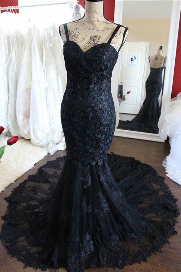 Hot Black Lace Evening Dresses UK Straps Mermaid Simple Wedding dress MyChicDress