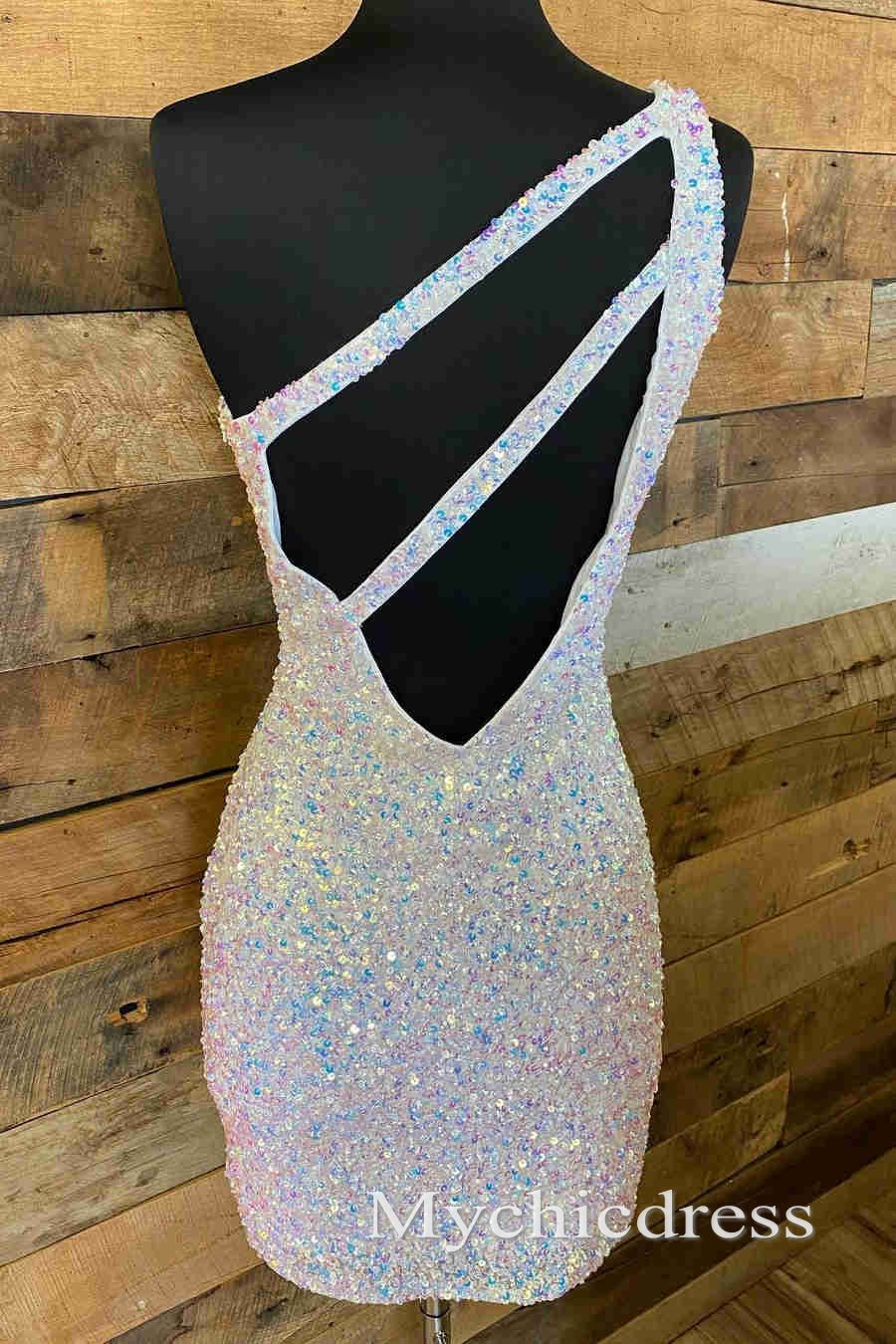 Hot Glitter 2024 Sequin Homecoming Dresses Tight One Shoulder Short Cocktail Dress - MyChicDress