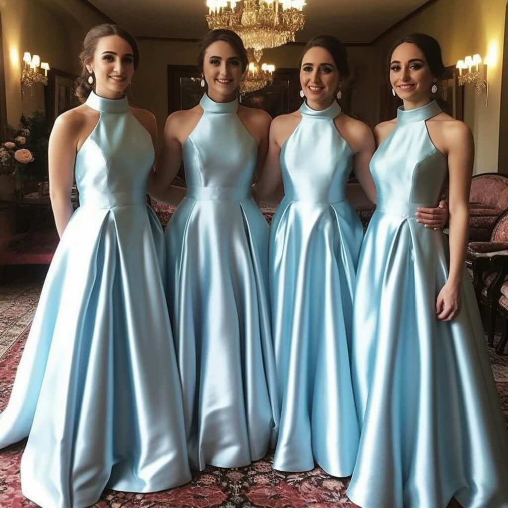 Hot Halter Blue Satin Bridesmaid Dresses Sleeveless A Line Wedding Party Dress MyChicDress