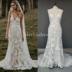 Hot Lace Beach Lace Wedding Dresses Mermaid V Neck Sleeveless MyChicDress