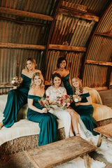 Hot Satin Off the Shoulder Emerald Green Bridesmaid Dresses Online MyChicDress