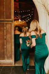 Hot Satin Off the Shoulder Emerald Green Bridesmaid Dresses Online MyChicDress