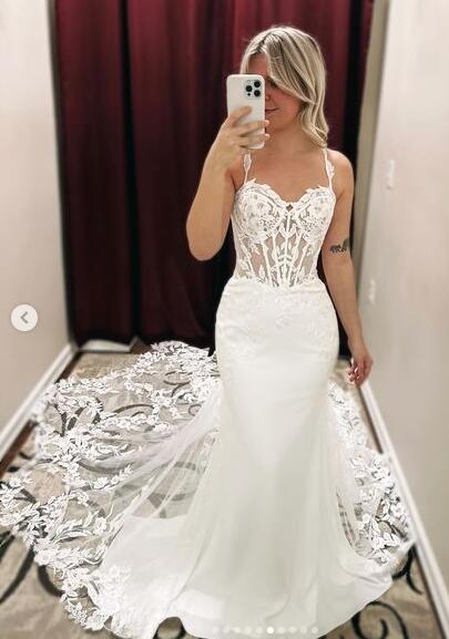 Hot Lace Mermaid Beach Wedding Dresses Long Train Straps - MyChicDress