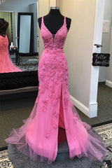 Hot Lace Mermaid Prom Dress Plunge Neck Pink Appliques with Slit - MyChicDress